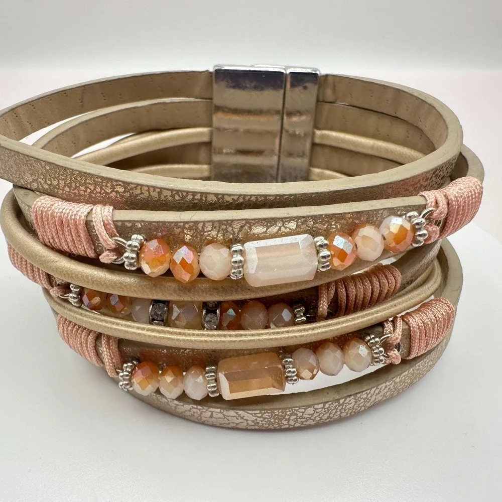 Vintage Y2K Boho Beaded Faux‎ Leather Multi Strand Cuff Bracelet Women's Jewelry